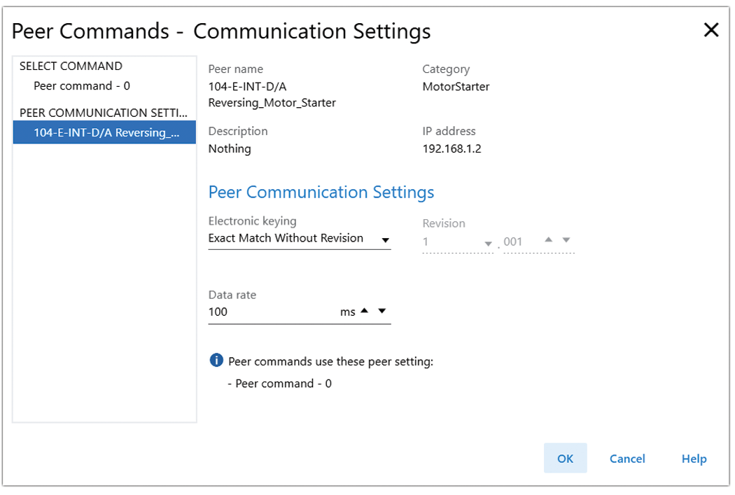 Dialog box showing peer communication settings
