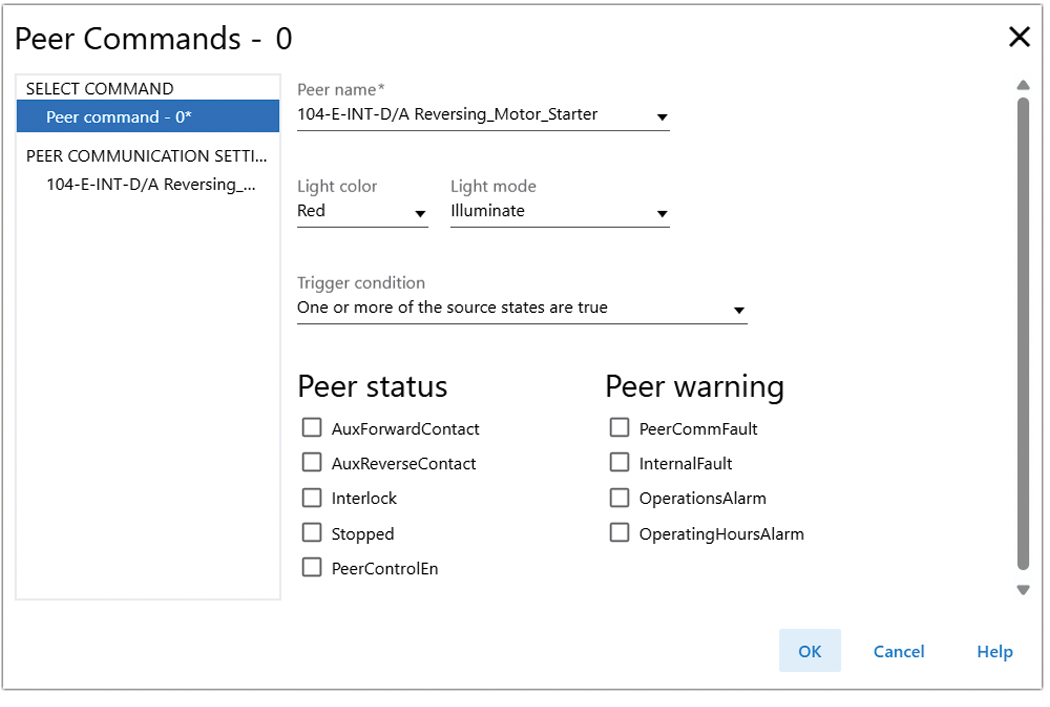 Dialog box showing peer command parameters