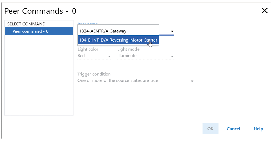 Peer name selection on Peer Commands dialog box