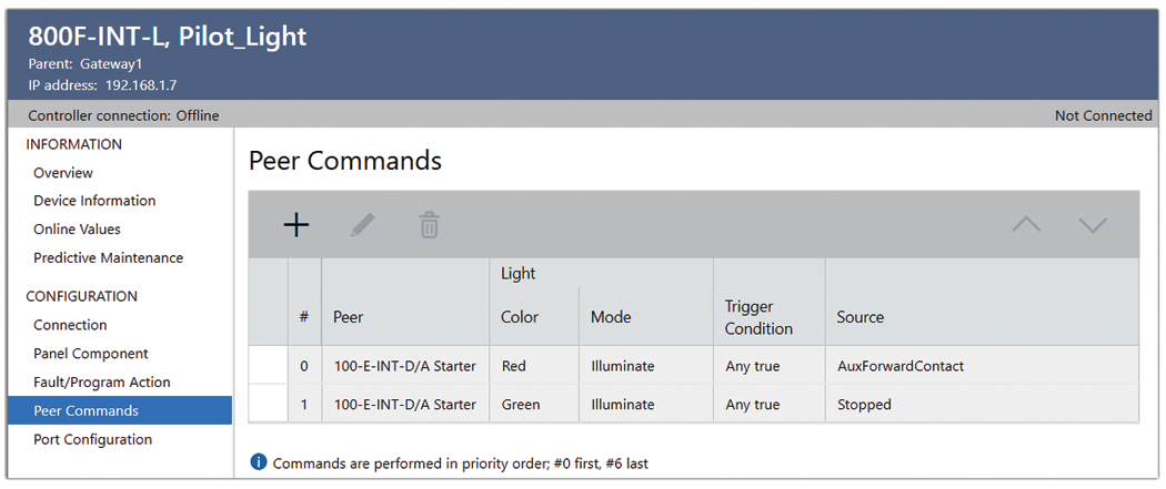 Pilot light configuration screen