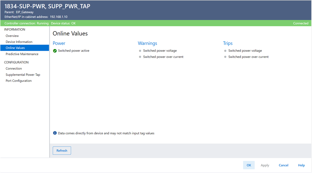 Power Tap Online Values view