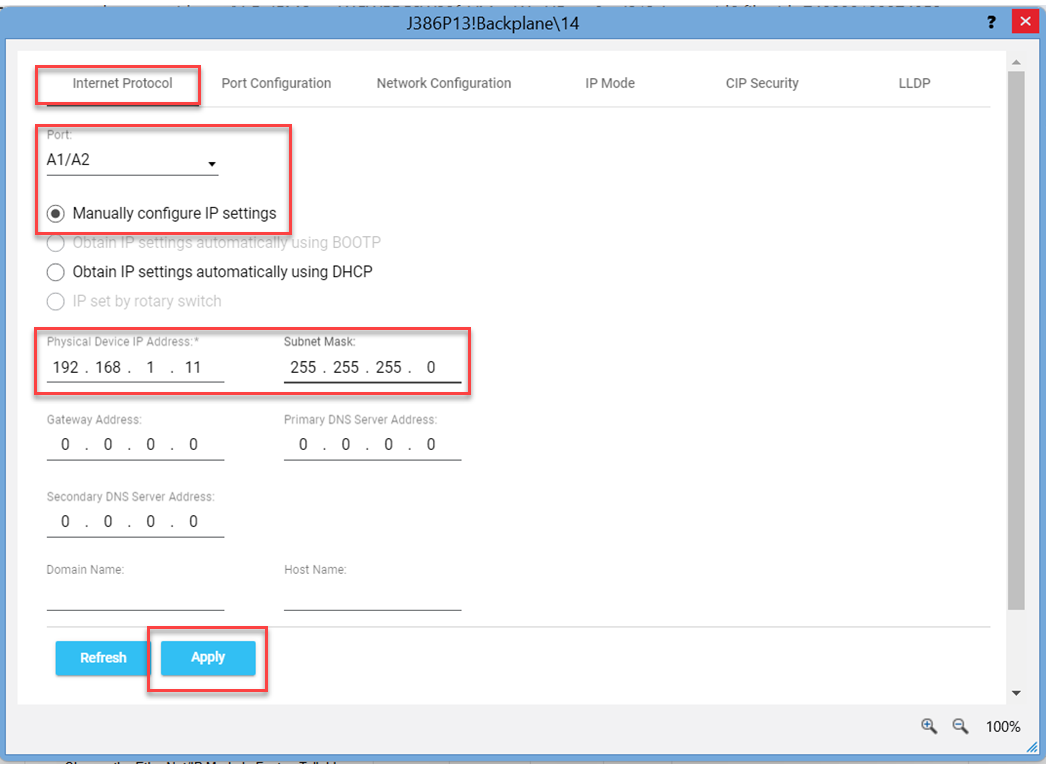This image shows where to set the IP address for the ports 1/2 in FactoryTalk Linx.