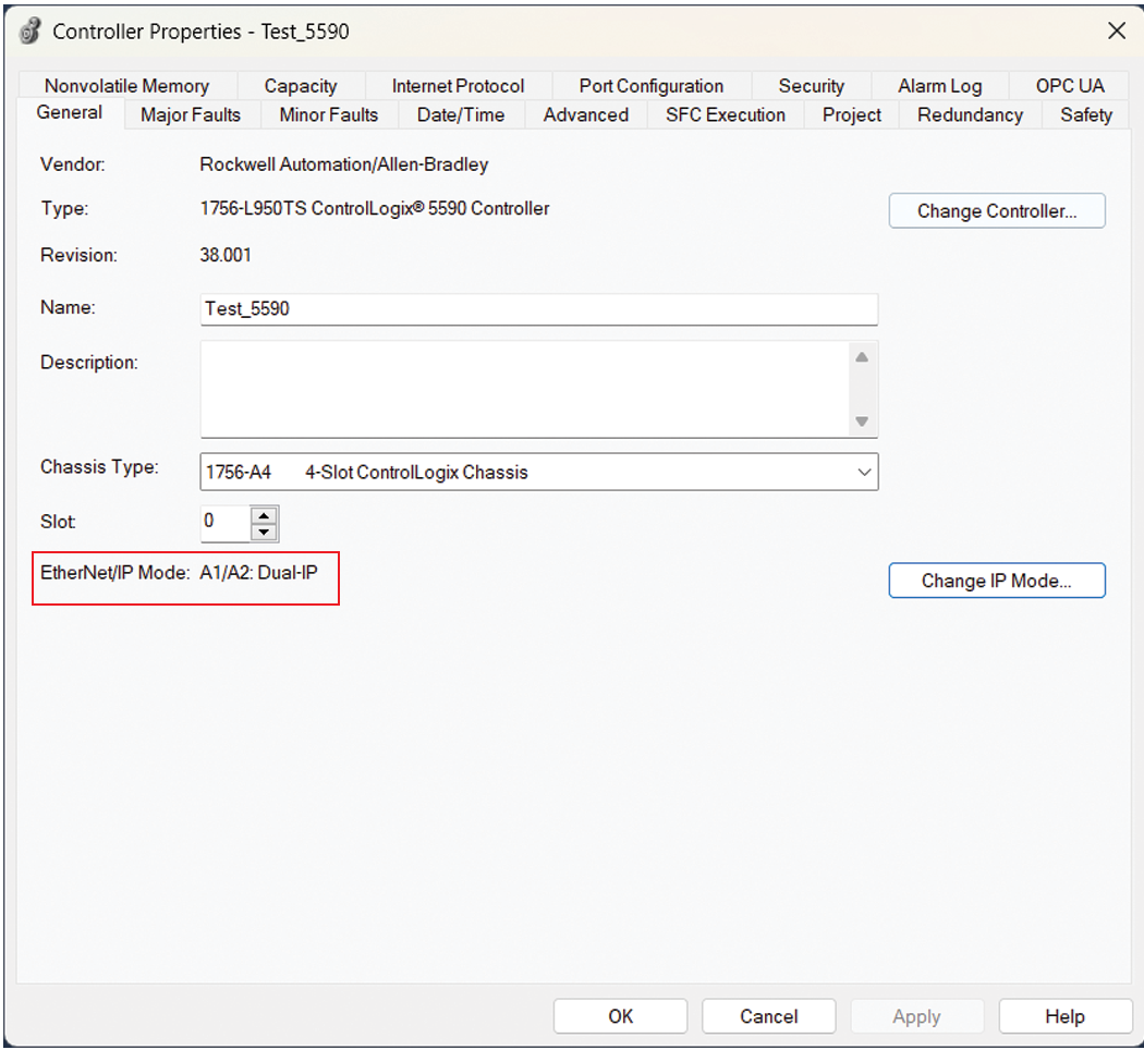 This image shows where the EtherNet/IP mode is shown on the controller properties dialog box in Logix Designer.