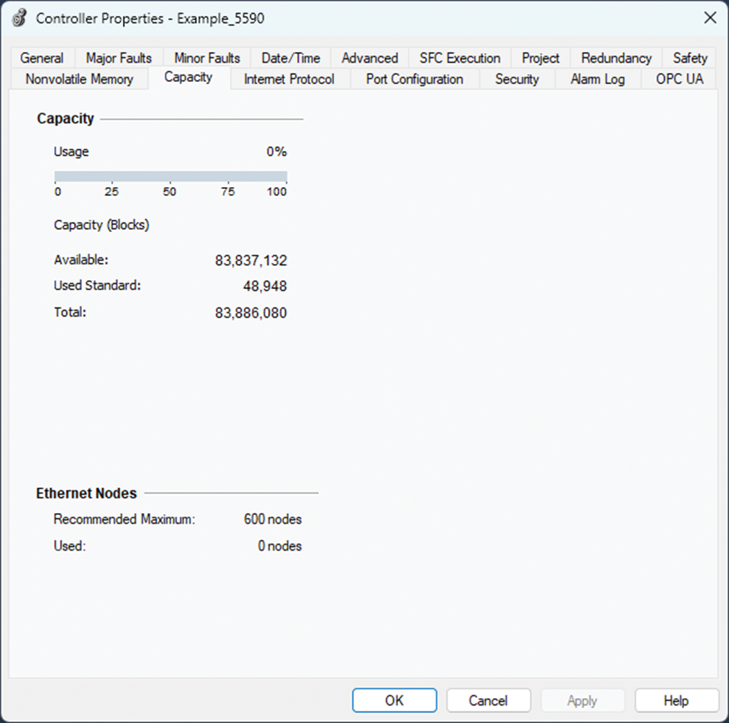 This image shows where information on the number of Ethernet Nodes is in Logix Designer.