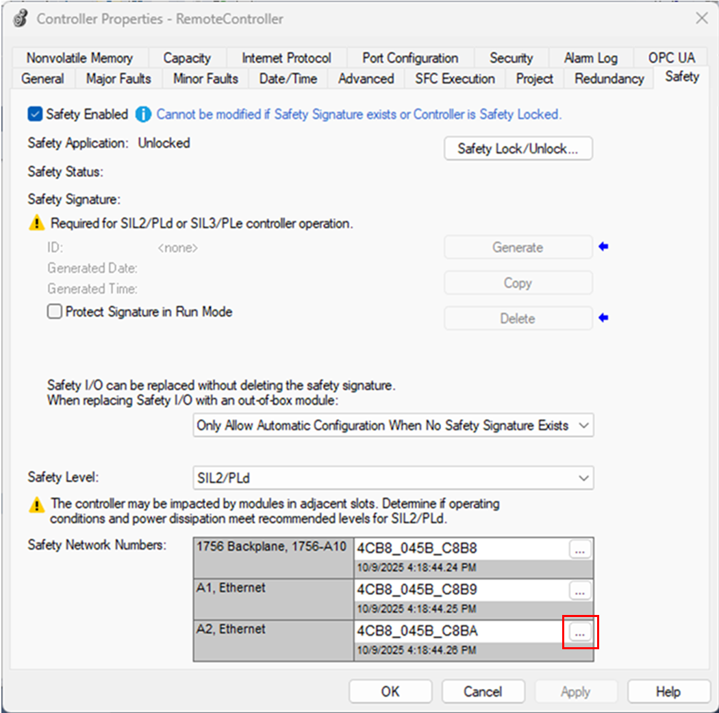 Open Safety Network Number dialog.