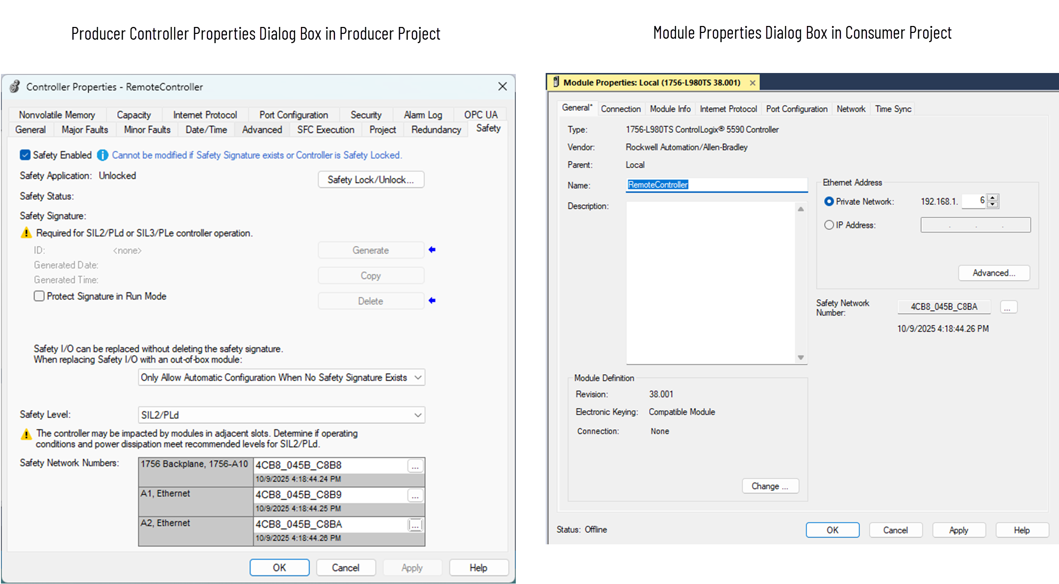 Produce controller in both projects have the same Safety Network Number.