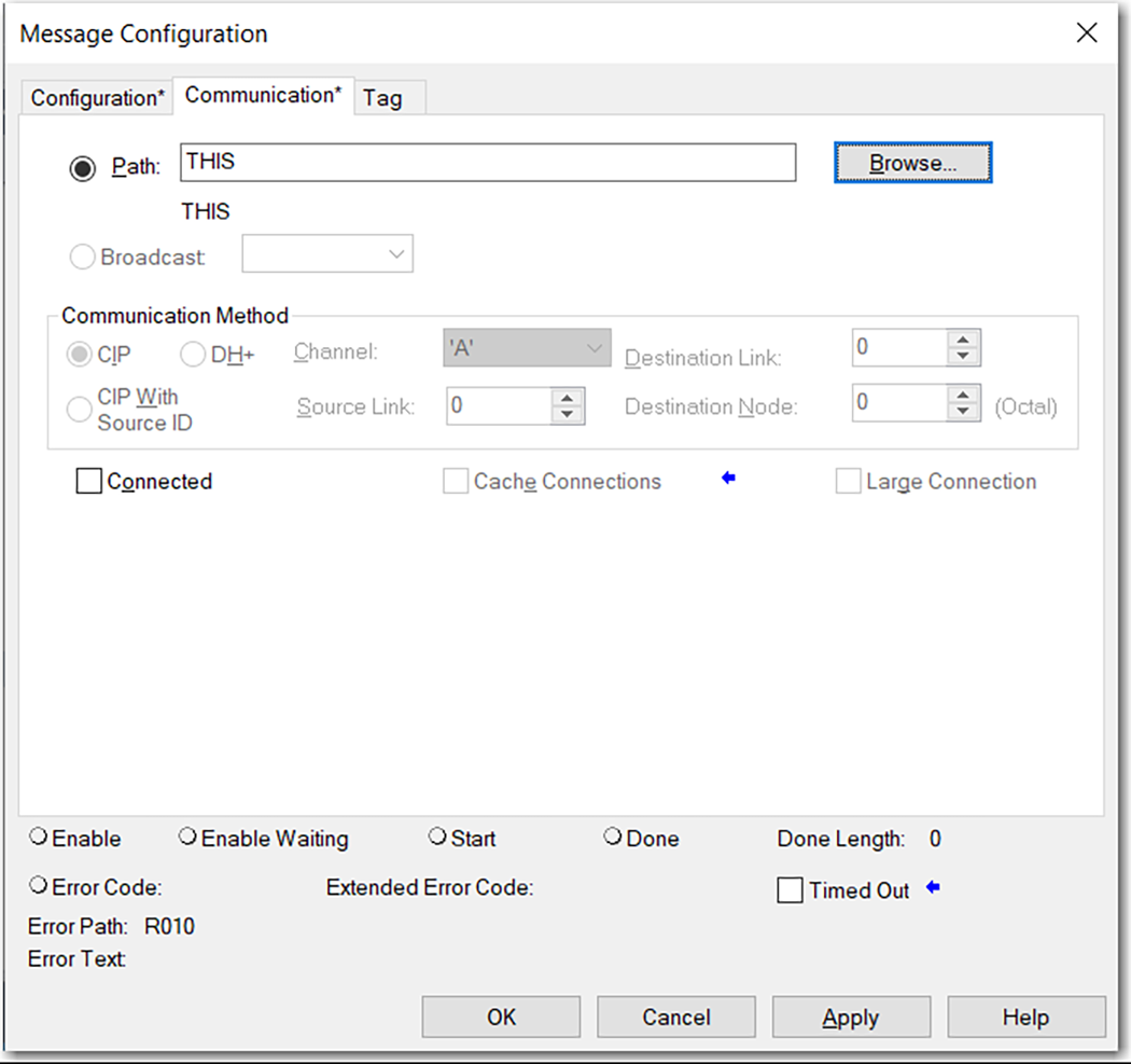 This image shows the Comm path for a MSG in Logix Designer.