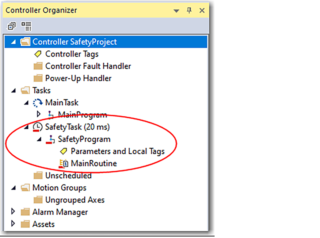 This image shows the Safety Task in a Logix Designer project's Tasks.