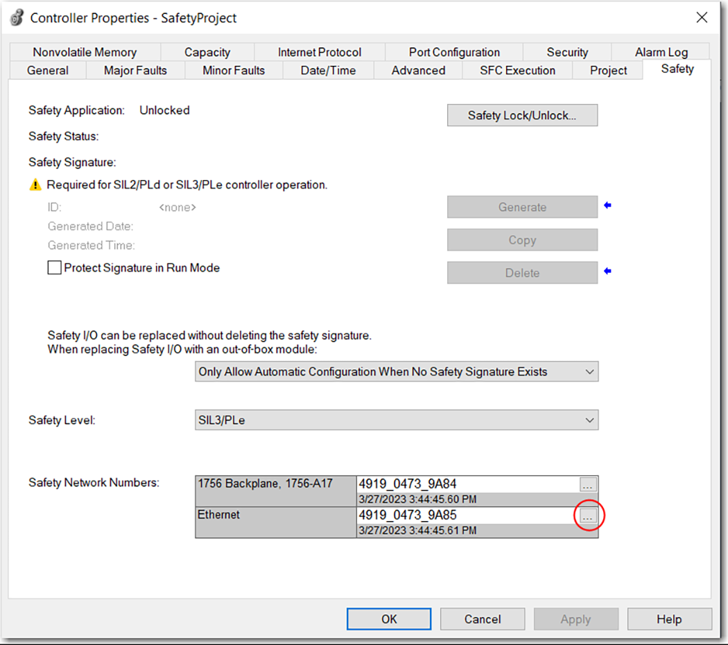 This image shows where to click the ellipse for a SNN on the GuardLogix 5580 Properties dialog box in Logix Designer.