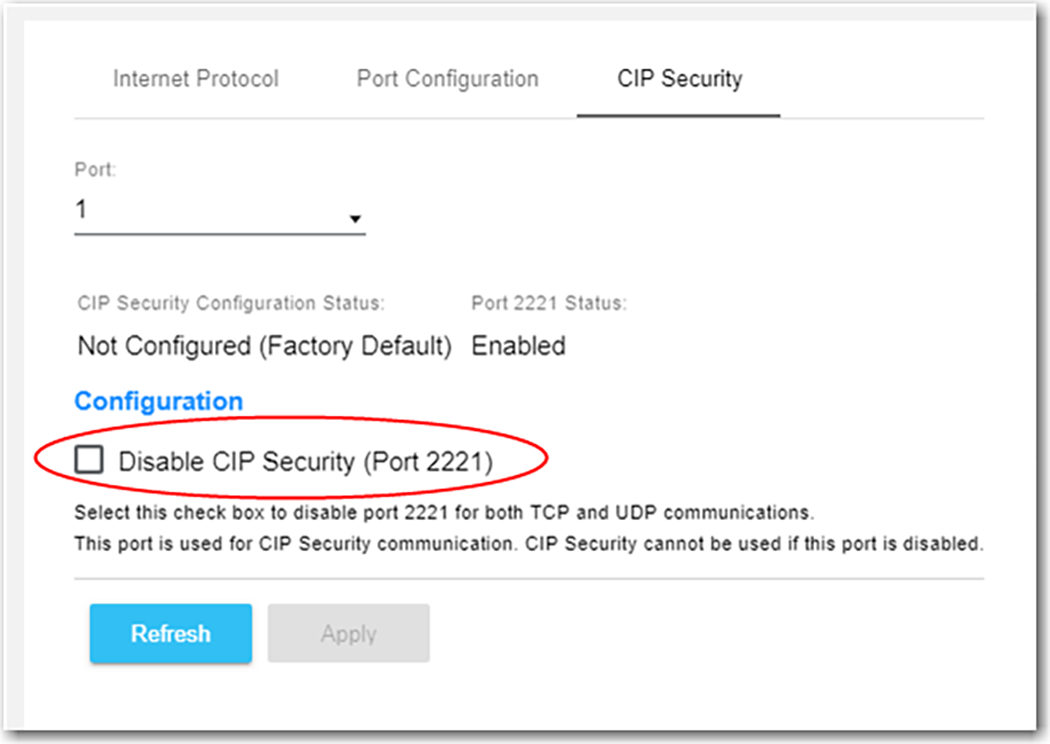 This image shows where to disable CIP Security on a port in FactoryTalk Linx.