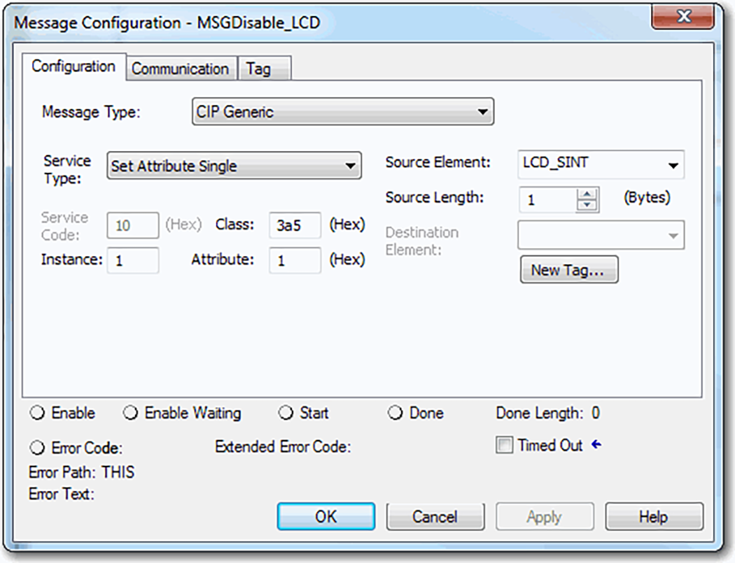 This image shows how to configure an MSG instruction comm path to disable all message categories in Logix Designer.