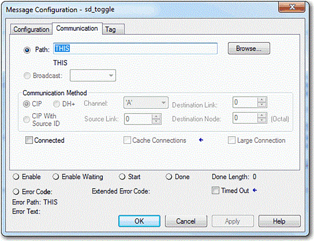 This image shows how to configure an MSG instruction Comm path to disable a controller's SD card in Logix Designer.