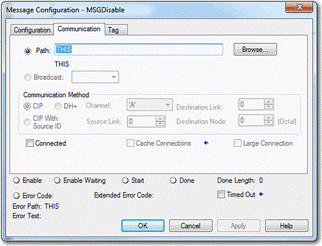This image shows an example of how to configure the Comm path to disable a controller's USB port in Logix Designer.