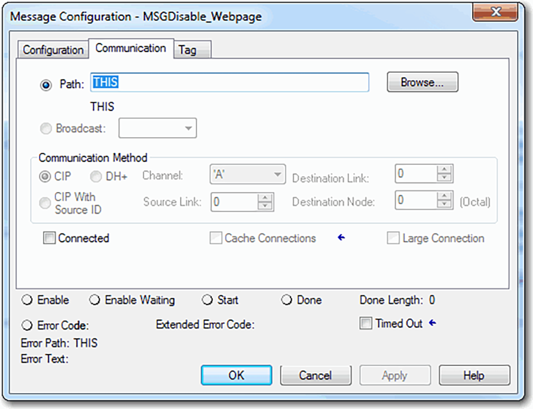 This image shows how to configure the Communication on a MSG to disable a controller's webpage in Logix Designer.