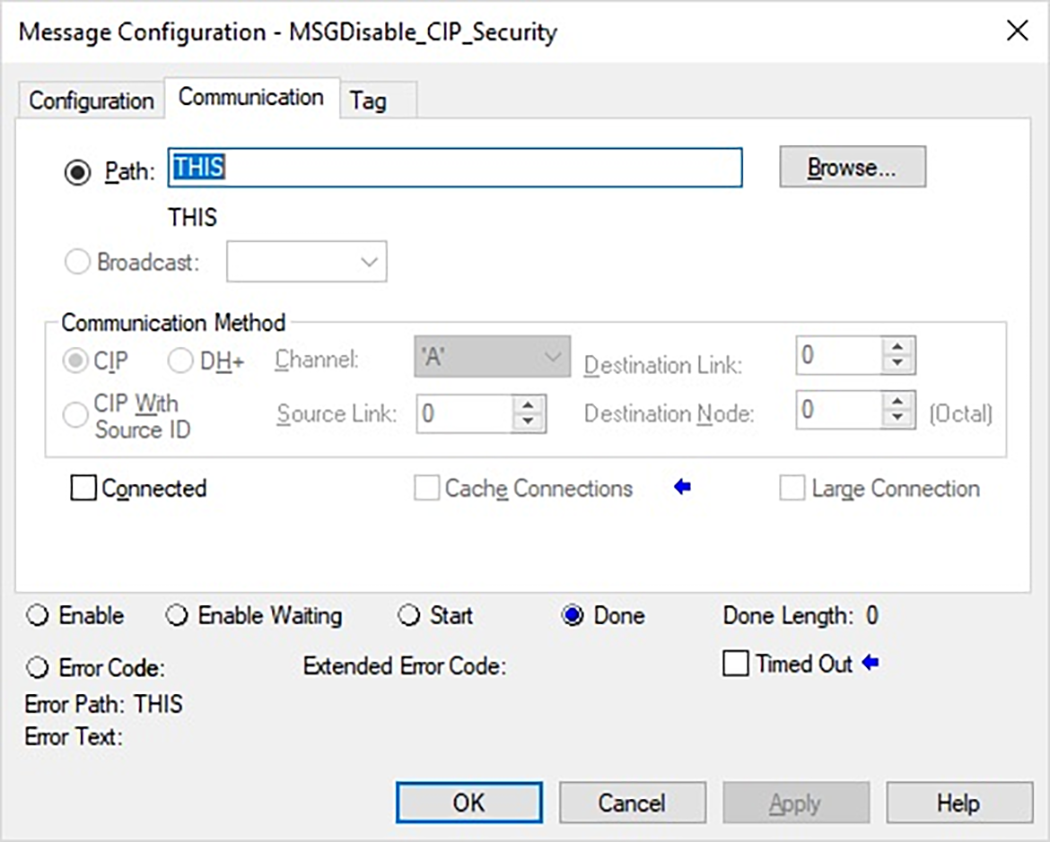This image show how to configure the path to disable a controller's CIP Security ports in Logix Designer.
