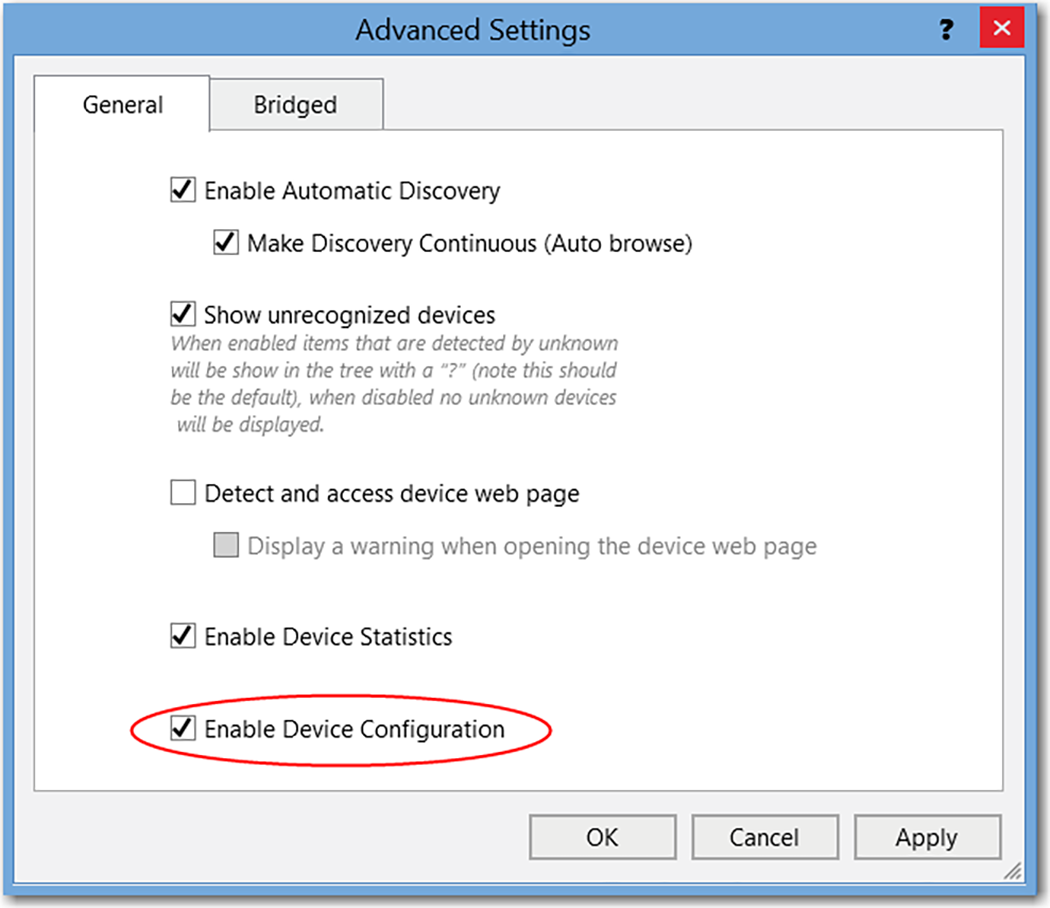 This image shows where to enable/disable device configuration in FactoryTalk Linx.