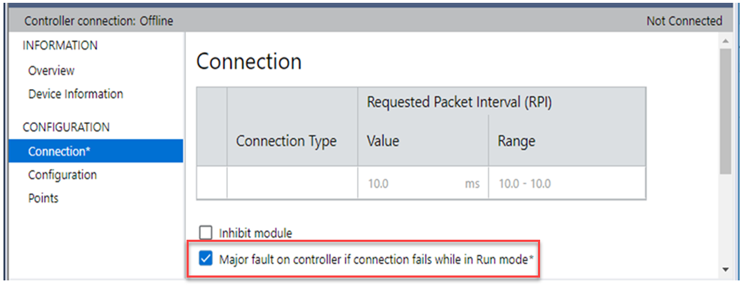 This image shows how to enable a Major Fault on Controller If Connection Fails While in Run Mode.