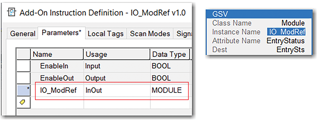 This image shows how to create a module reference parameter on the Add-On Instruction dialog.