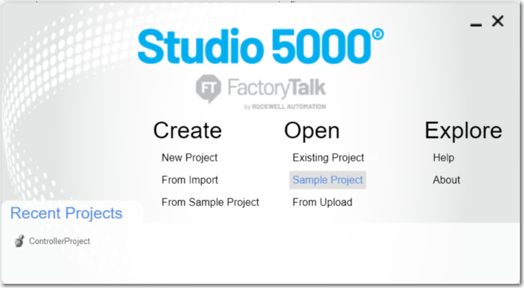 This image shows how to access sample projects from the Studio 5000 dialog box.