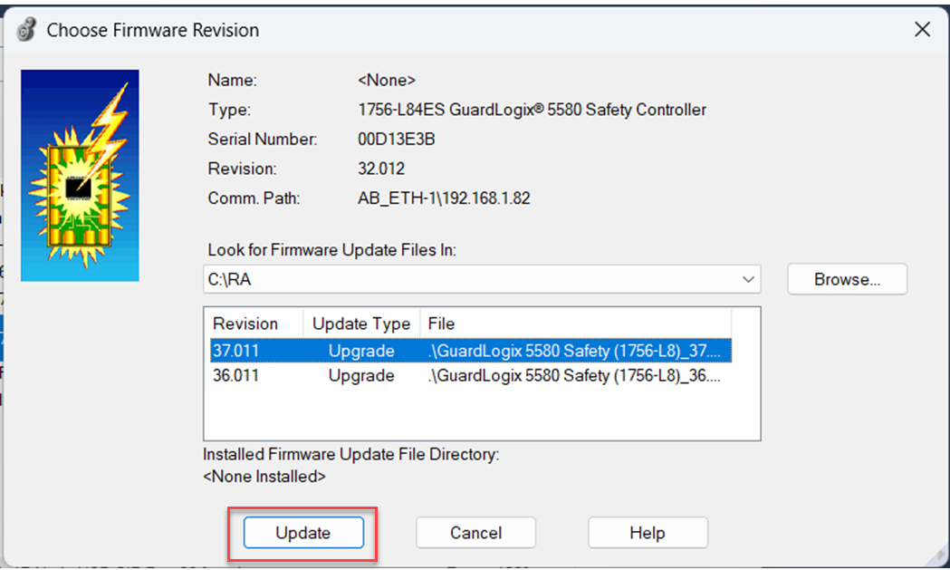 This image shows where to click update on the Choose Firmware Revision dialog box in Studio 5000.