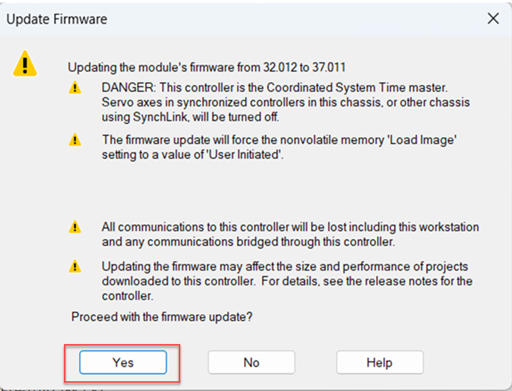 This image shows where to confirm a firmware update in Logix Designer.