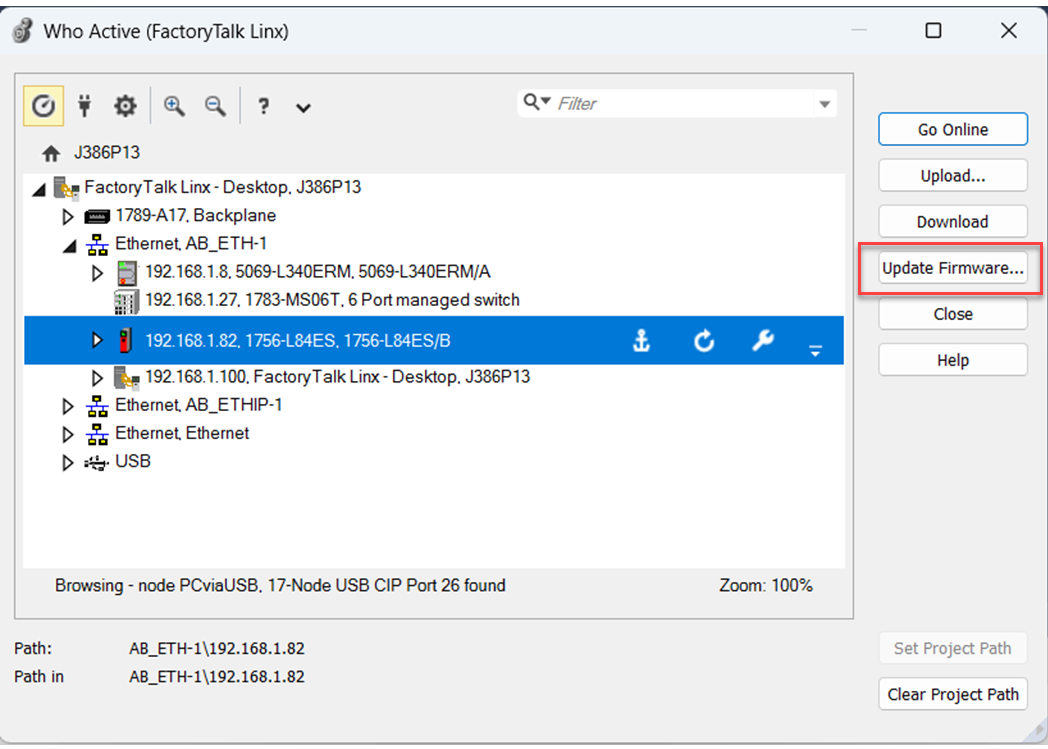 This image shows where to click Update Firmware on the Who Active dialog box in Studio 5000.