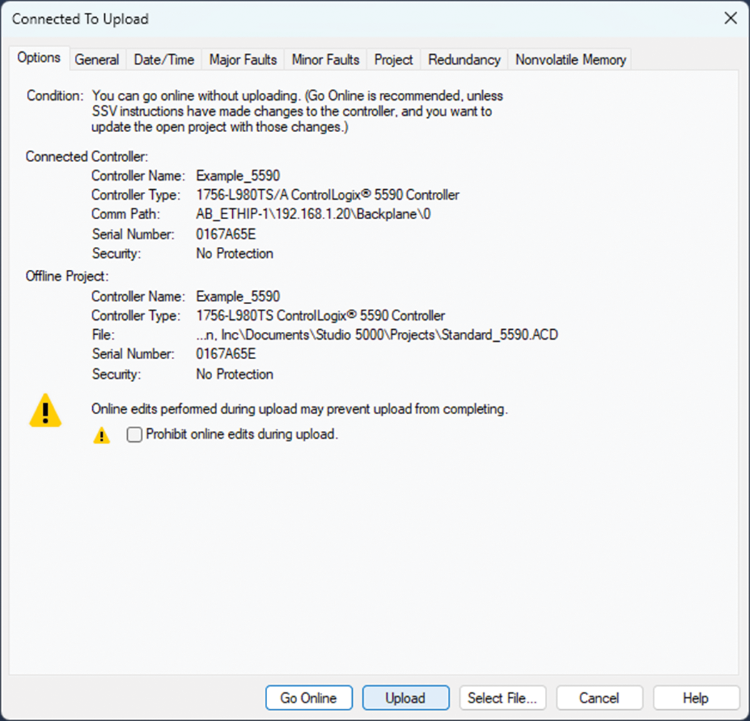 This image shows where to upload a project on the Connected to Upload dialog box in Logix Designer.