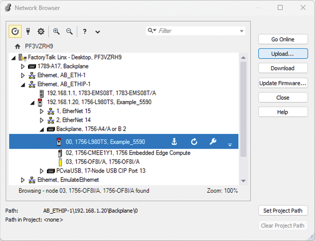 This image shows how to upload a project with the Network Browser.