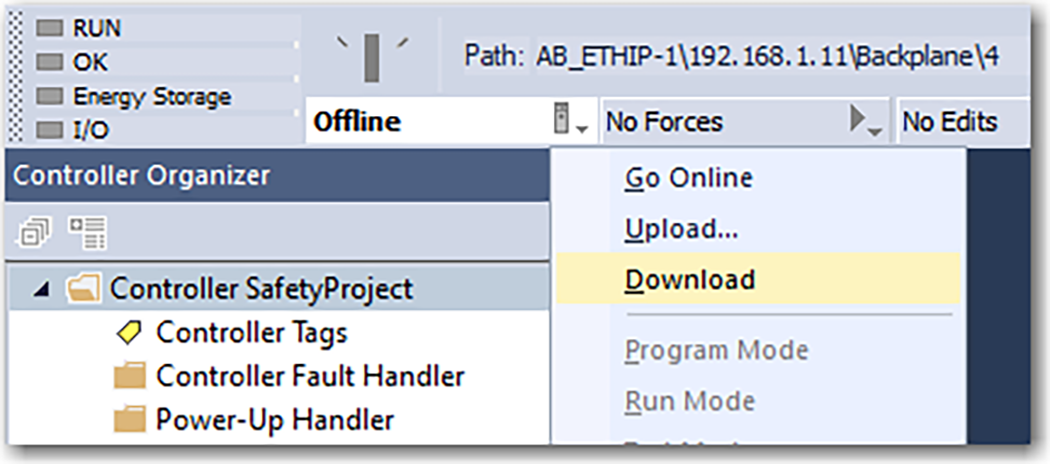 This image shows how to download a project in Logix Designer.