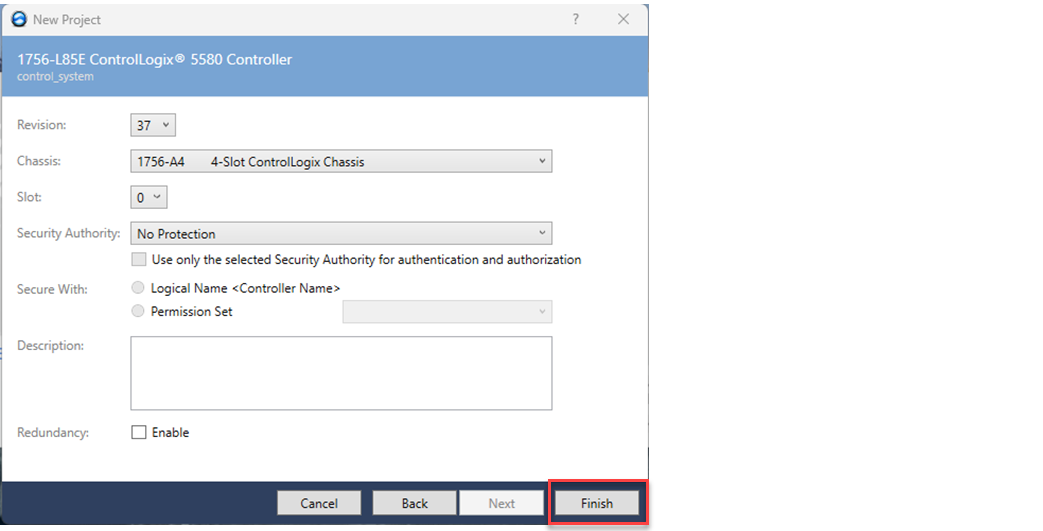 This image shows where to finish a new ControlLogix 5580 project in Logix Designer.