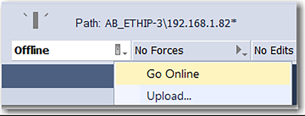 This image shows where to change the controller status in Logix Designer.