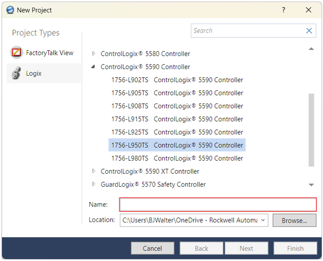 This image shows where to name a new ControlLogix 5590 controller project in Logix Designer.