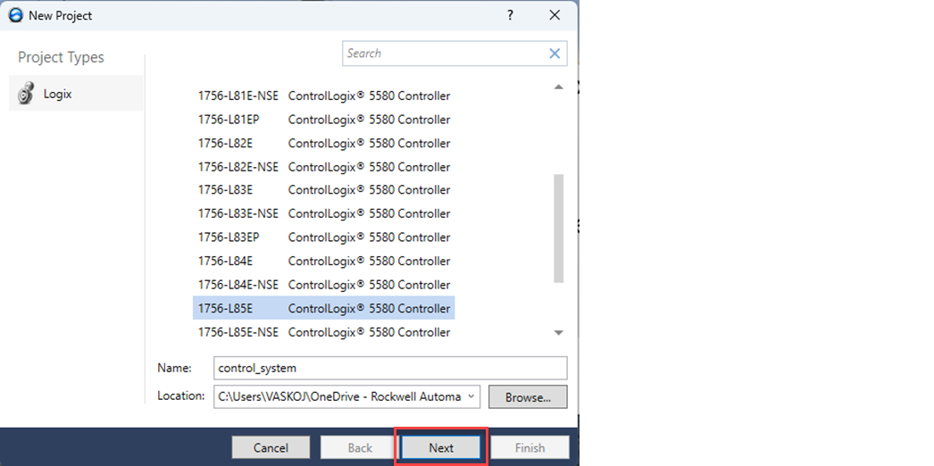 This image shows where to name a new ControlLogix 5580 controller project in Logix Designer.
