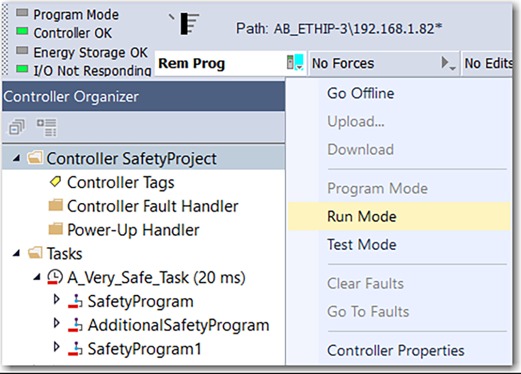 This image shows the controller operation modes that are available via the controller status menu in Logix Designer.
