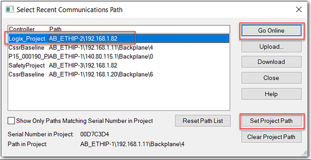 This image shows how to select a recent communication path in Logix Designer.