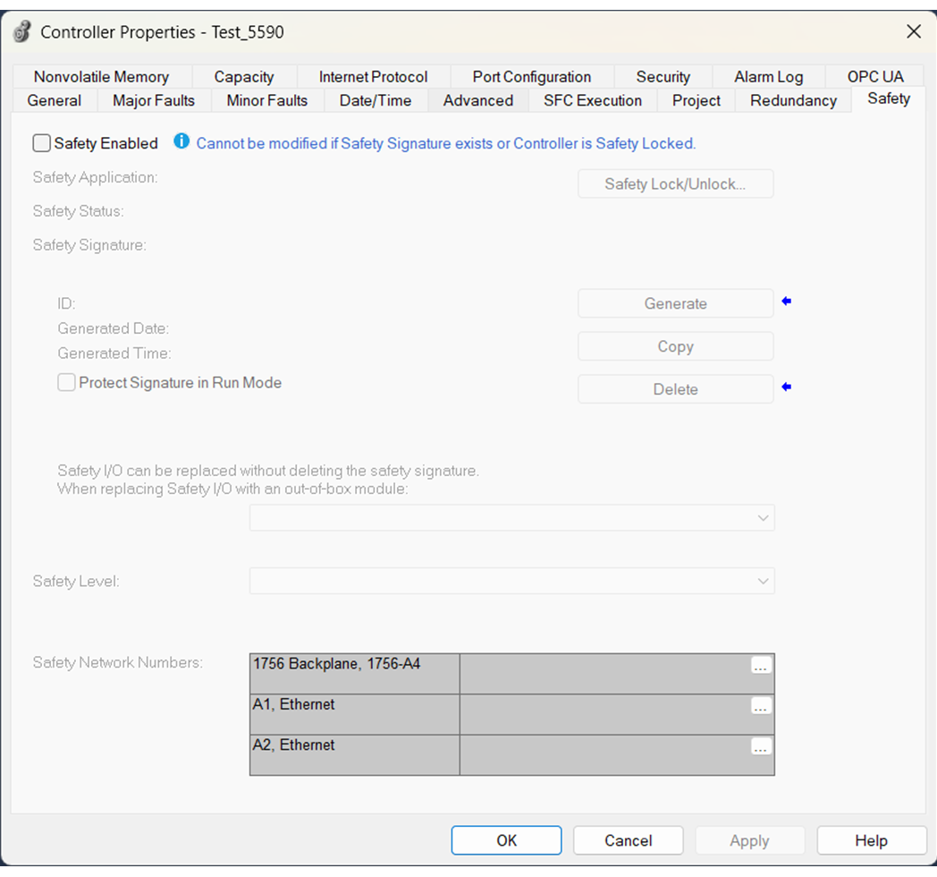 This image shows where to unselect Safety Enabled in Logix Designer.