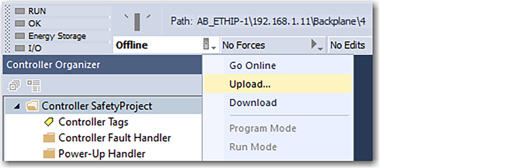This image shows how to upload via the controller status menu.