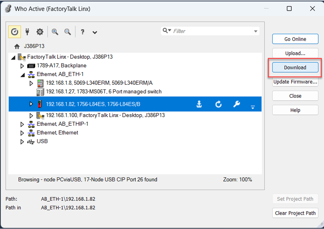 This image shows how to download a project to a controller on Who Active in Logix Designer.