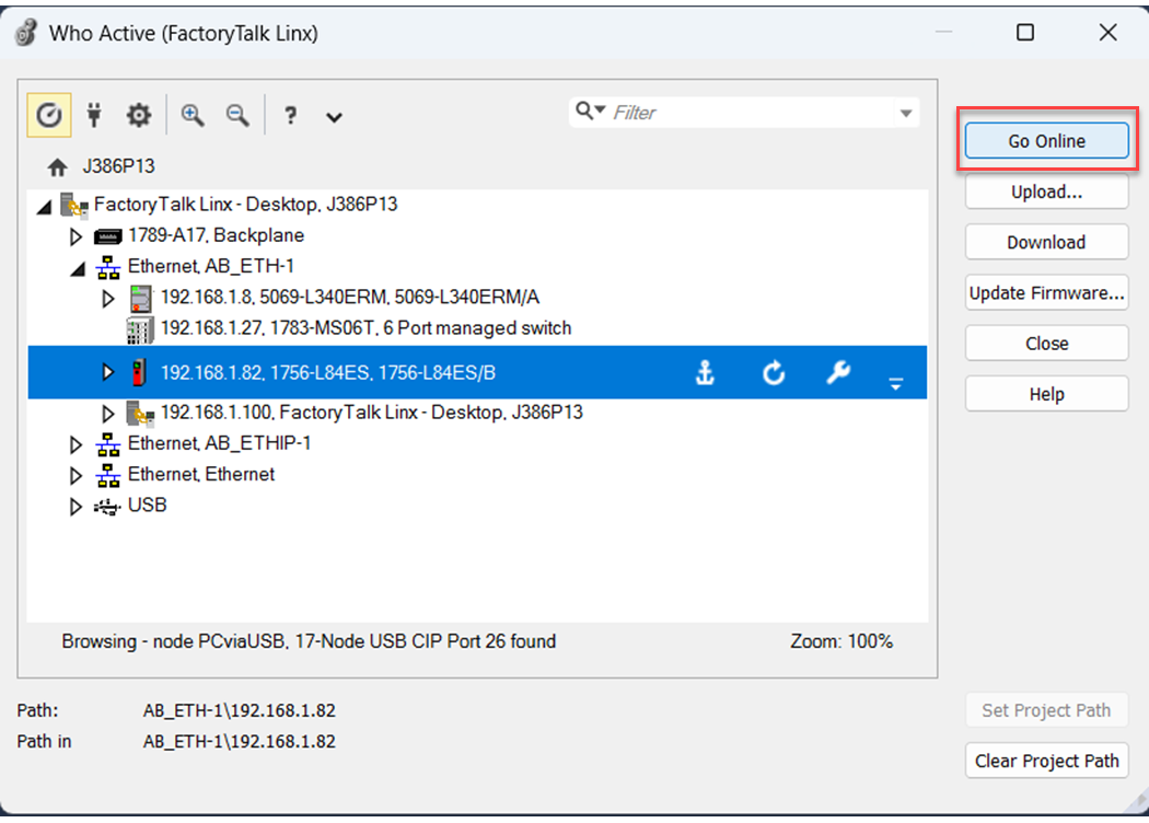 This image shows where to click to go online in Logix Designer for a GuardLogix 5580 controller.