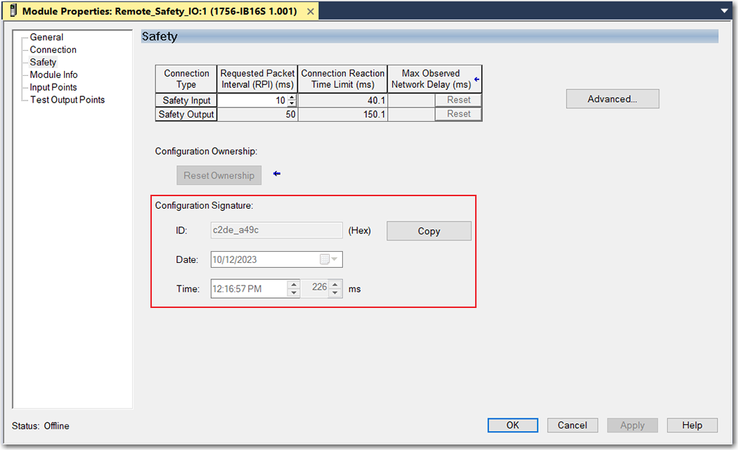 This image shows where an I/O module's configuration signature is in Logix Designer.