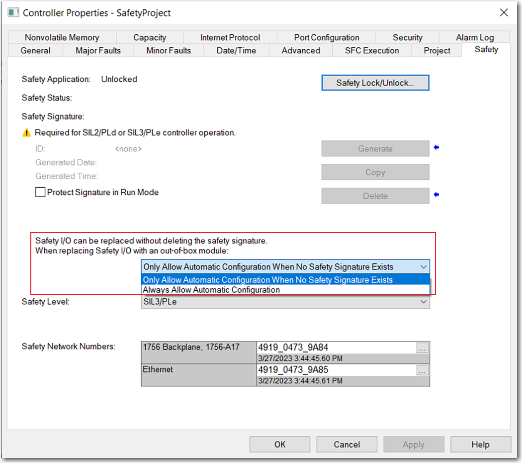 This image shows the safety I/O module replacement options in Logix Designer.