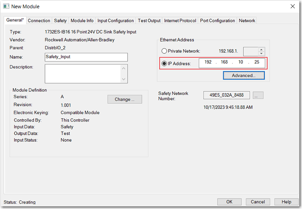 This image shows how to set the IP address on a safety I/O module in Logix Designer.