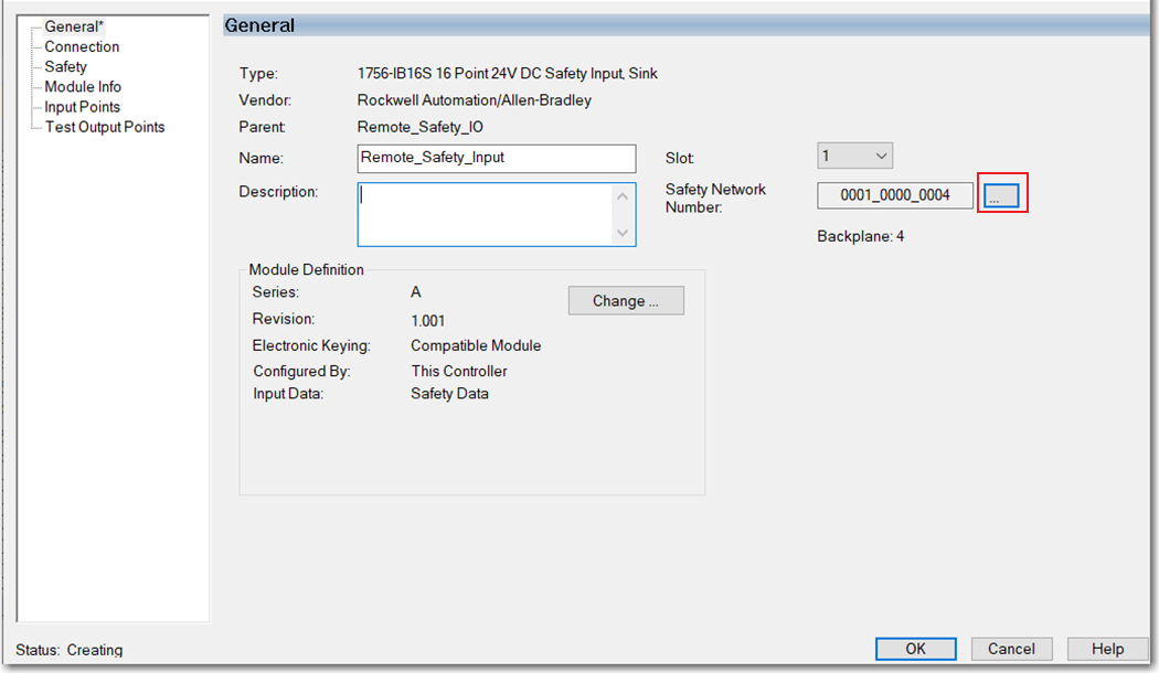 This image shows how to access an I/O module's SNN in Logix Designer.