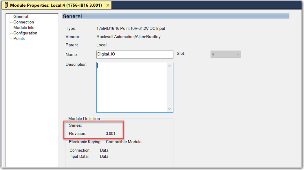 This image shows where the 1756 I/O module series and revision are in Logix Designer.