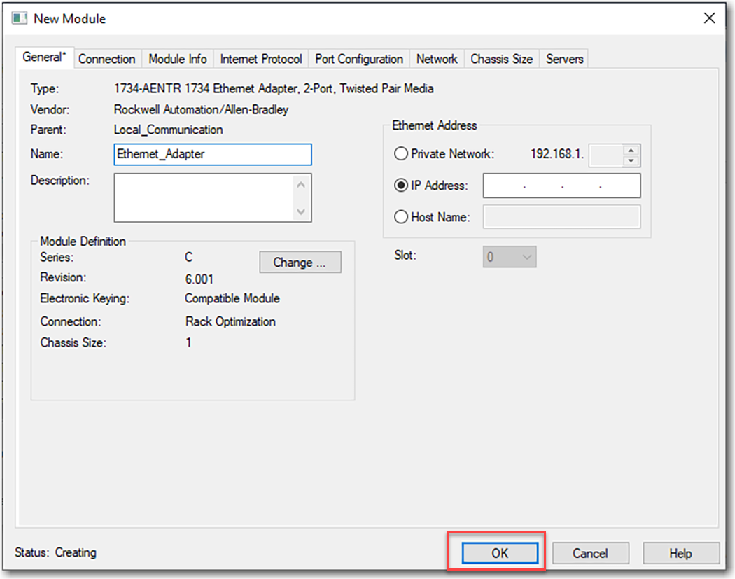 This image shows configuration for a new adapter in Logix Designer.