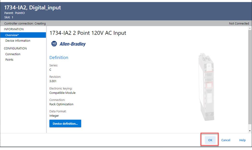This image shows configuration of an example remote I/O module in Logix Designer.
