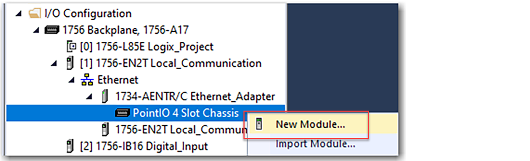 This image shows how to add a new module to a remote EtherNet/IP adapter in Logix Designer.