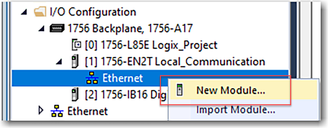 This image shows how to add a new module to the Ethernet portion of the I/O configuration in Logix Designer.