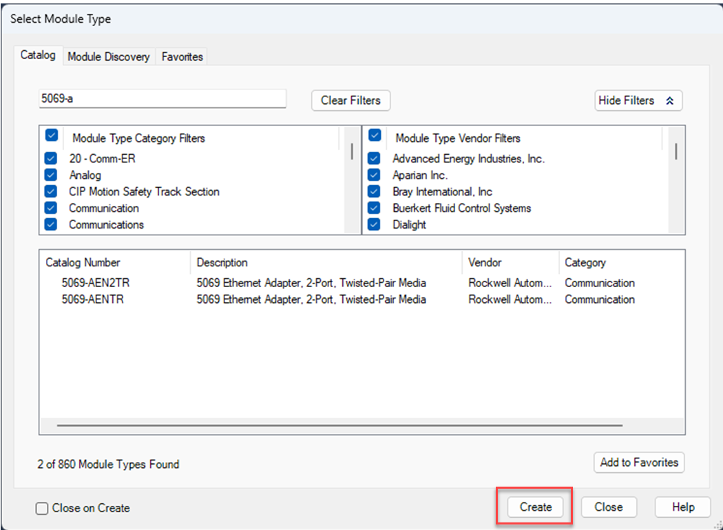 This image shows how to select an EtherNet/IP module in Logix Designer.