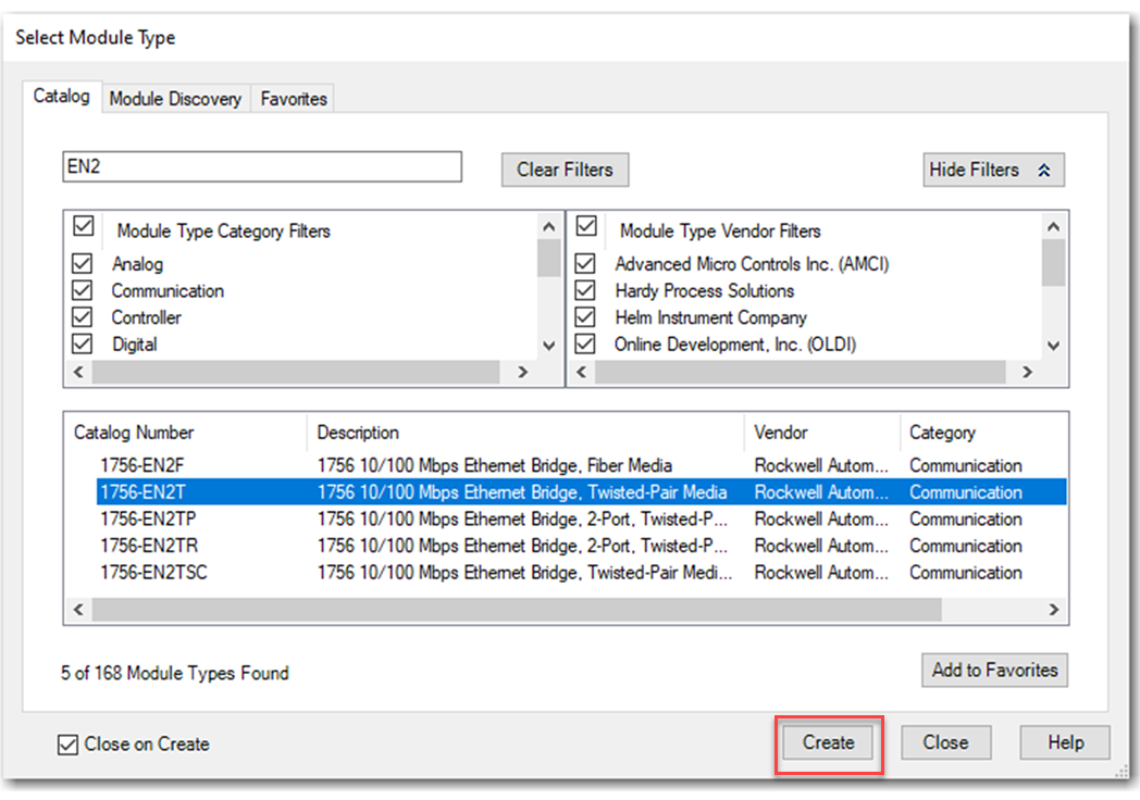 This image shows how to select and create an EtherNet/IP module in Logix Designer.